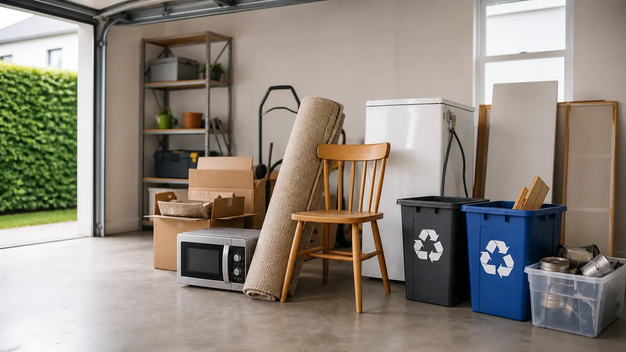 Sortierter Sperrmüll mit Recyclingboxen in einer Garage in Osnabrück