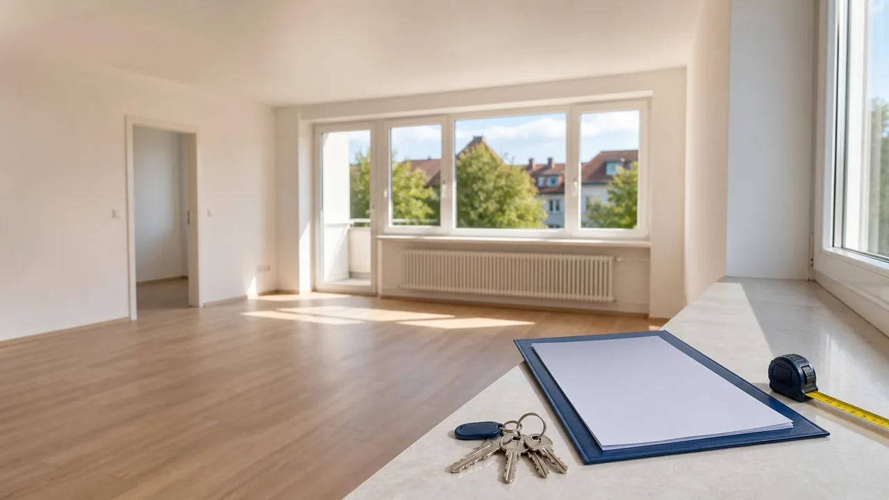 Leere besenreine Wohnung mit Schlüssel und Unterlagen für Vermieter und Makler