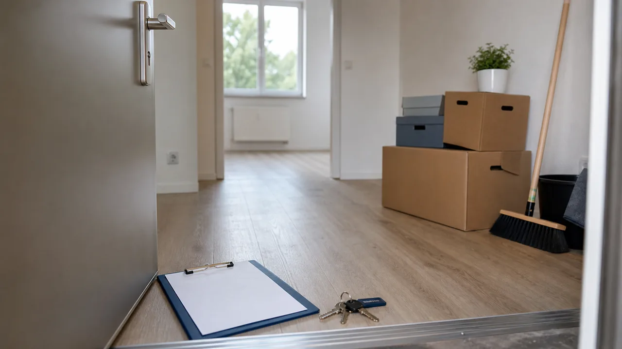 Geräumte Wohnung nach Zwangsräumung mit Schlüssel und Übergabeunterlagen